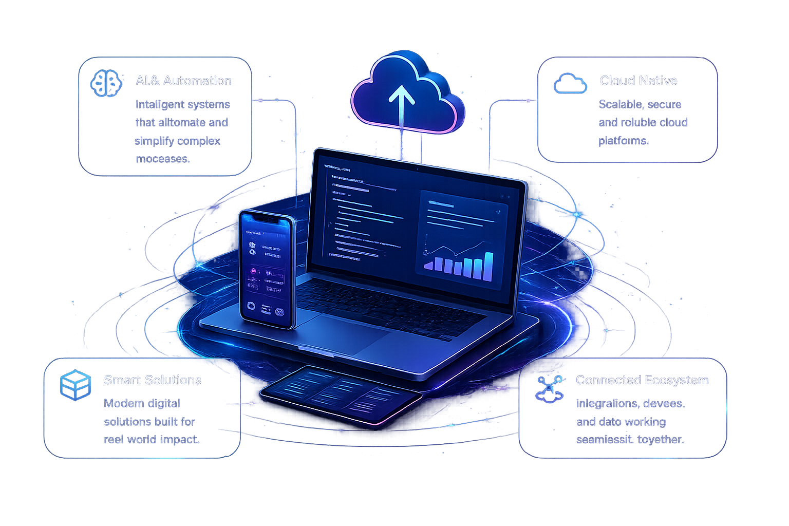 Laptop, phone, and tablet connected to a cloud platform, with callouts for AI and automation, cloud native, smart solutions, and a connected ecosystem